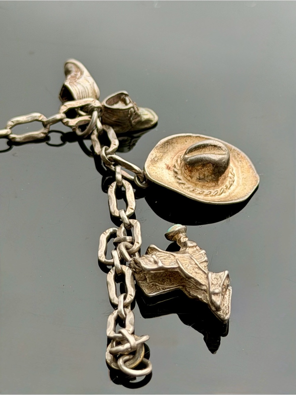 Vintage Sterling Silver Western Charm Bracelet Turquoise Saddle Totem Pole